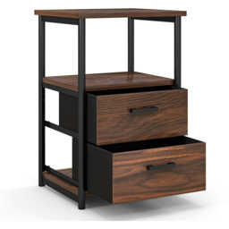 Costway 2 Drawer Single Shelf Rustic Brown Metal Frame Bedside Table - Wilko - thumbnail 3