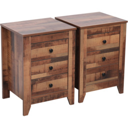FurnitureHMD 3 Drawer Industrial Style Wooden Bedside Table Set of 2 - Brown - Wilko - thumbnail 3