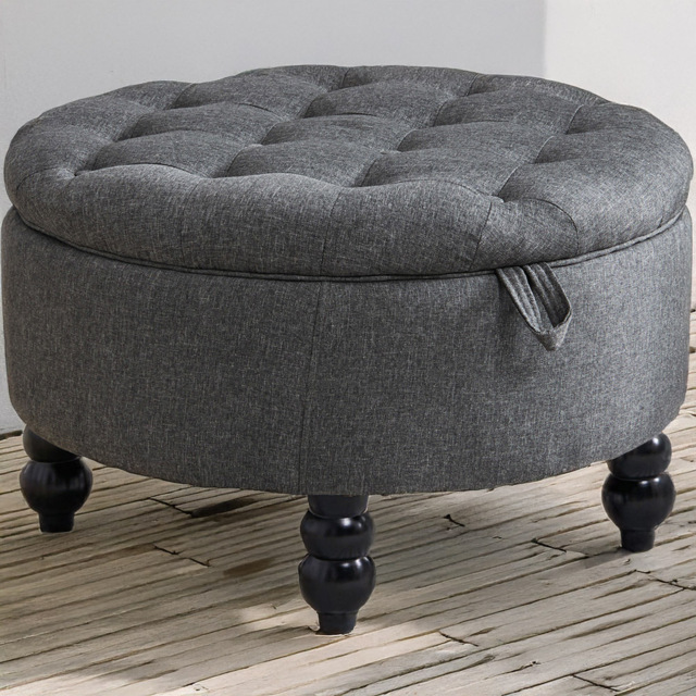 H&O Direct Grey Linen Round Ottoman with Tray Table Top - Wilko - image 1