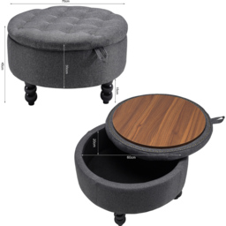 H&O Direct Grey Linen Round Ottoman with Tray Table Top - Wilko - thumbnail 6