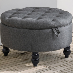 H&O Direct Grey Linen Round Ottoman with Tray Table Top - Wilko - thumbnail 1