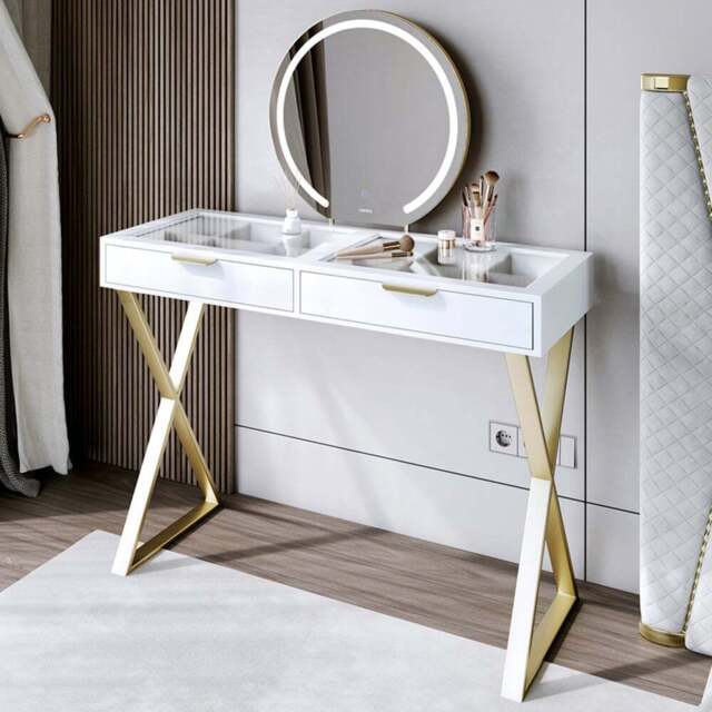 CARME Home Jess White and Gold Maisie Touch Sensor LED Mirror Dressing Table - Size: 34 x 50 x 123cm - Wilko - image 1