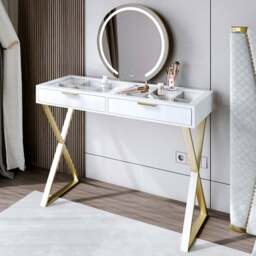 CARME Home Jess White and Gold Maisie Touch Sensor LED Mirror Dressing Table - Size: 34 x 50 x 123cm - Wilko