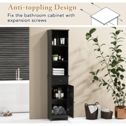Costway Single Door Single Drawer 3 Shelf Black Tall Bathroom Cabinet - Size: 34.5 x 30 x 164cm - Wilko - thumbnail 7