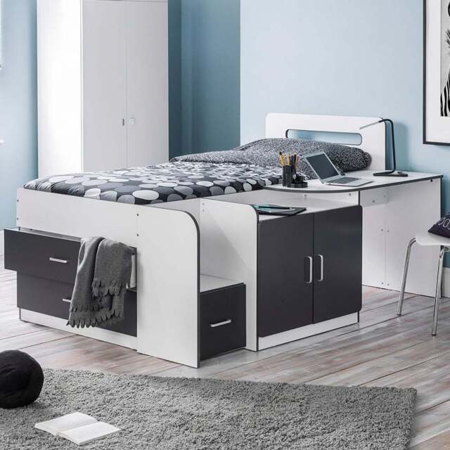 Julian Bowen Matt White and Charcoal Grey Cookie Cabin Bed with Storage - Size: Single - Wilko - image 1