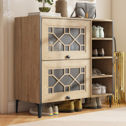 Costway Oak 2 Door 4 Shelf Shoe Cabinet - Size: 91 x 38 x 86cm - n/a - Wilko