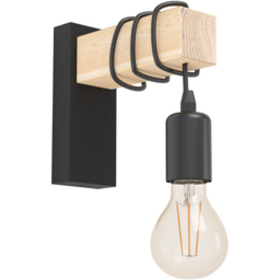 EGLO Townshend Metal and Wood Black Wall Light - Size: 6.5 x 6.5 x 21.5cm - Wilko - thumbnail 1