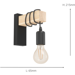 EGLO Townshend Metal and Wood Black Wall Light - Size: 6.5 x 6.5 x 21.5cm - Wilko - thumbnail 5
