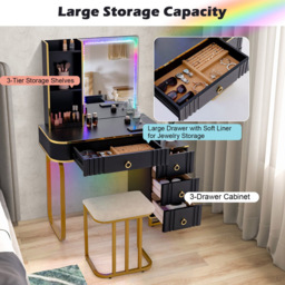 Costway 4 Drawer Black Vanity Dressing Table Set with RGB LED Mirror - Size: 92 x 59 x 42cm - Wilko - thumbnail 5