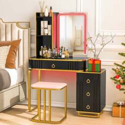 Costway 4 Drawer Black Vanity Dressing Table Set with RGB LED Mirror - Size: 92 x 59 x 42cm - Wilko