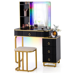 Costway 4 Drawer Black Vanity Dressing Table Set with RGB LED Mirror - Size: 92 x 59 x 42cm - Wilko - thumbnail 3