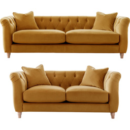 Elsie Chesterfield 5 Seater Ochre Plush Velvet Sofa Suite - Yellow - Wilko - thumbnail 3