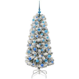 vidaXL Pre-Lit Warm White LED and Blue Baubles Snow Flocked Artificial Christmas Tree 4.9ft - Green - Wilko
