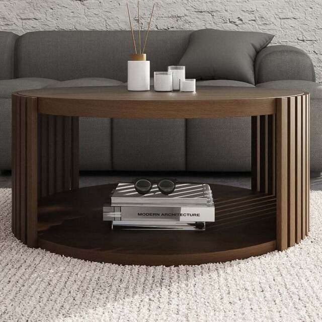 GFW Zadie Single Shelf Walnut Slatted Round Coffee Table - Size: 38 x 83 x 83cm - Wilko - image 1