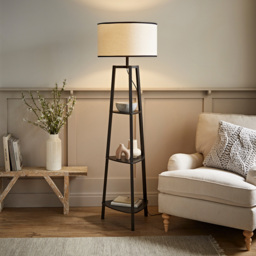 ValueLights Hiru Black 3 Shelf Black Trim Linen Shade Floor Lamp with Bulb - Wilko - thumbnail 3