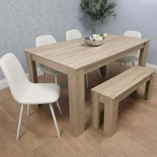 Kosy Koala 6 Seater Faux Leather Dining Bench Set Oak Effect and Cream - Multi - Portland - Wilko - image 1