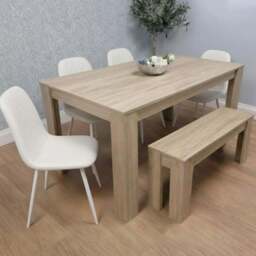 Kosy Koala 6 Seater Faux Leather Dining Bench Set Oak Effect and Cream - Multi - Portland - Wilko