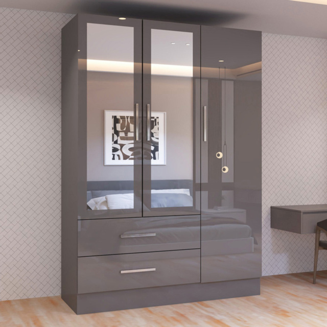 Sliding Wardrobes 4U 3 Door 2 Drawer Grey High Gloss Hinge Door Wardrobe 116cm - Size: 3 Door, 2 Drawer - Wilko - image 1