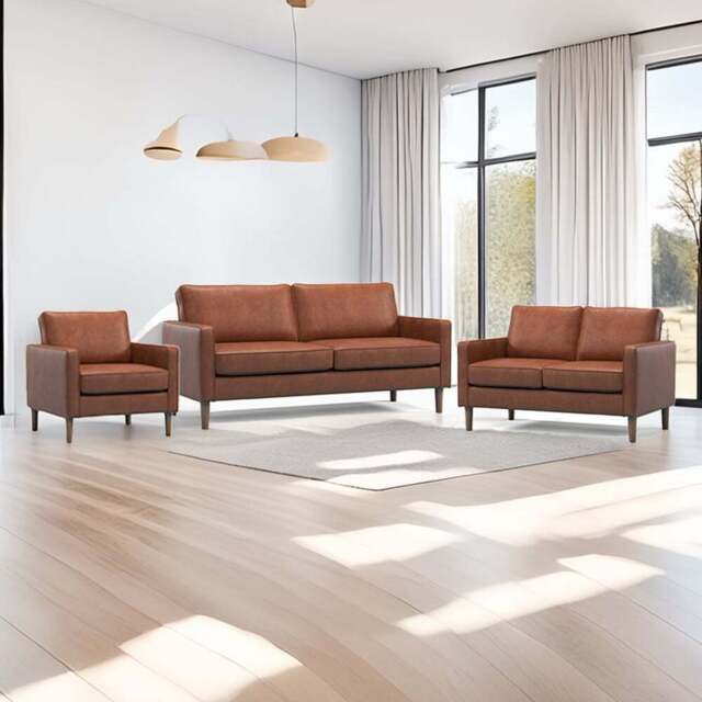 Bexhill 6 Seater Tan Faux Leather Sofa Suite - Brown - Wilko - image 1