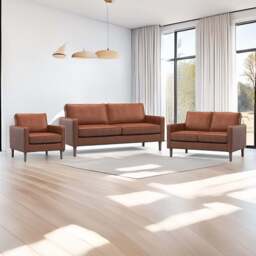 Bexhill 6 Seater Tan Faux Leather Sofa Suite - Brown - Wilko - thumbnail 1
