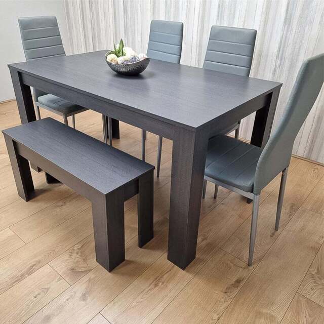 Kosy Koala 6 Seater Wood and Leather Dining Table Set with Bench Grey - Wilko - image 1