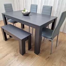 Kosy Koala 6 Seater Wood and Leather Dining Table Set with Bench Grey - Wilko - thumbnail 1