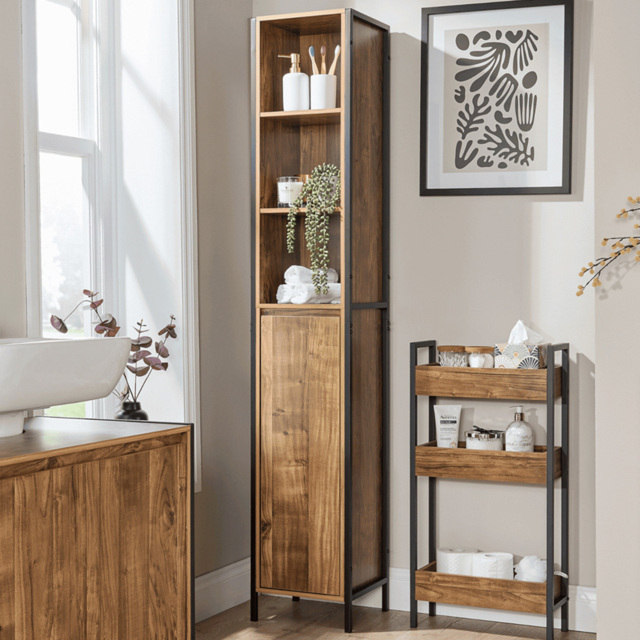 Home Source Locastra Single Door 3 Shelf Oak and Black Tall Bathroom Cabinet - Size: 18 x 98 x 33cm - Brown - Wilko - image 1