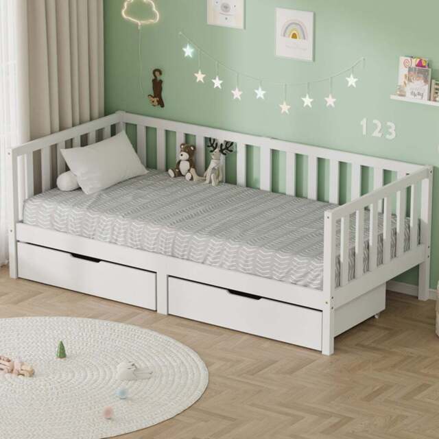 FurnitureHMD 2 Drawer White Pine Wood Kids Bed Frame - Size: Single - Wilko - image 1