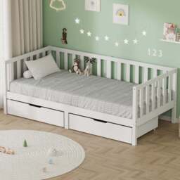 FurnitureHMD 2 Drawer White Pine Wood Kids Bed Frame - Size: Single - Wilko