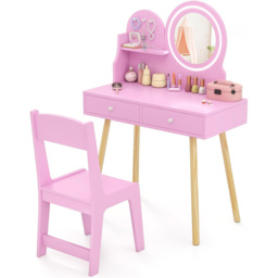 Costway 2 Drawer Pink LED Mirror Wooden Kid Vanity Set - Size: 70 x 34 x 101cm - Wilko - thumbnail 3