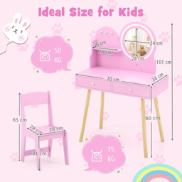 Costway 2 Drawer Pink LED Mirror Wooden Kid Vanity Set - Size: 70 x 34 x 101cm - Wilko - thumbnail 7