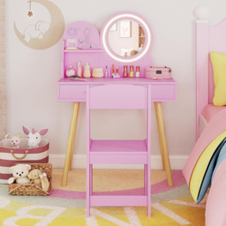 Costway 2 Drawer Pink LED Mirror Wooden Kid Vanity Set - Size: 70 x 34 x 101cm - Wilko - thumbnail 4