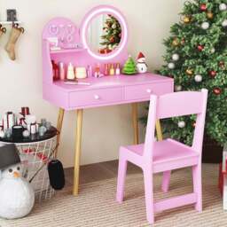Costway 2 Drawer Pink LED Mirror Wooden Kid Vanity Set - Size: 70 x 34 x 101cm - Wilko