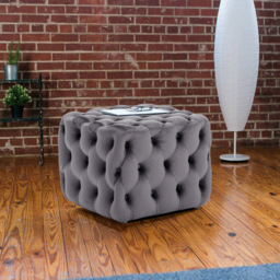Living and Home Grey Square Velvet Upholstered Buttoned Footstool with Buckle Design - Size: 40 x 50 x 50cm - Wilko - thumbnail 4