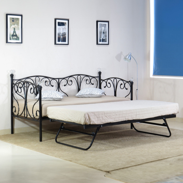 Brooklyn Single Sleeper Black Metal Crystal Finial Day Bed with Trundle - Wood - Wilko - image 1