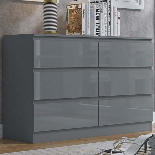 FWStyle Stora 6 Drawer Grey Gloss Chest Of Drawers - Wilko - image 1