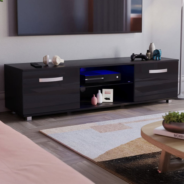Vida Designs Cosmo 2 Door 2 Shelf Black Medium TV Unit with LED - Size: 40 x 140 x 38cm - Wilko - image 1