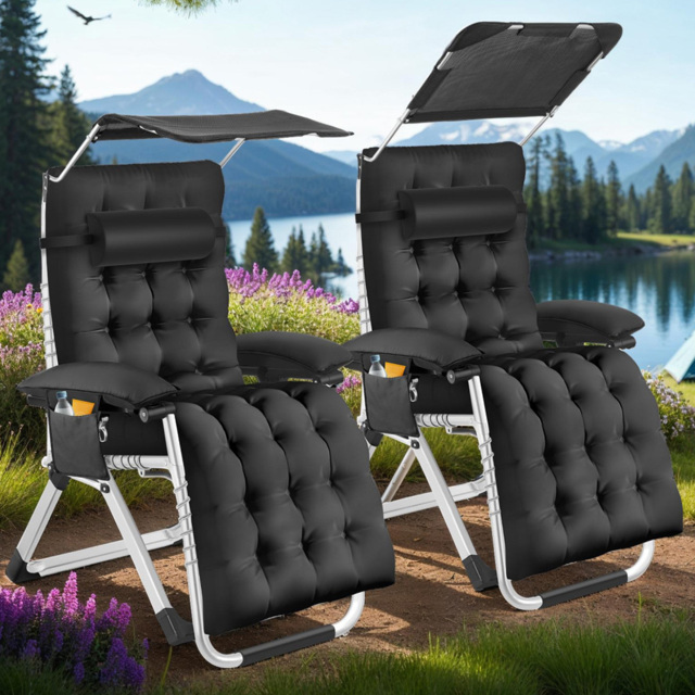 tectake Cirrus Black Set of 2 Folding Plush Padding Sun Lounger with Sun Shade - Size: 168 x 84 x 103cm - Wilko - image 1