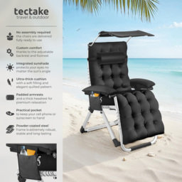 tectake Cirrus Black Set of 2 Folding Plush Padding Sun Lounger with Sun Shade - Size: 168 x 84 x 103cm - Wilko - thumbnail 4