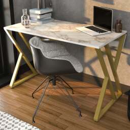 Decorotika Gyza Computer Desk White Marble and Gold - Size: 75 x 120 x 60cm - Multi - Wilko