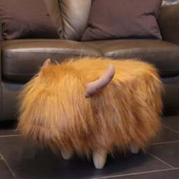 Gardeco Dillis The Highland Cow Soft Brown Synthetic Fur Footstool - Size: 36 x 61 x 32cm - Orange - Wilko