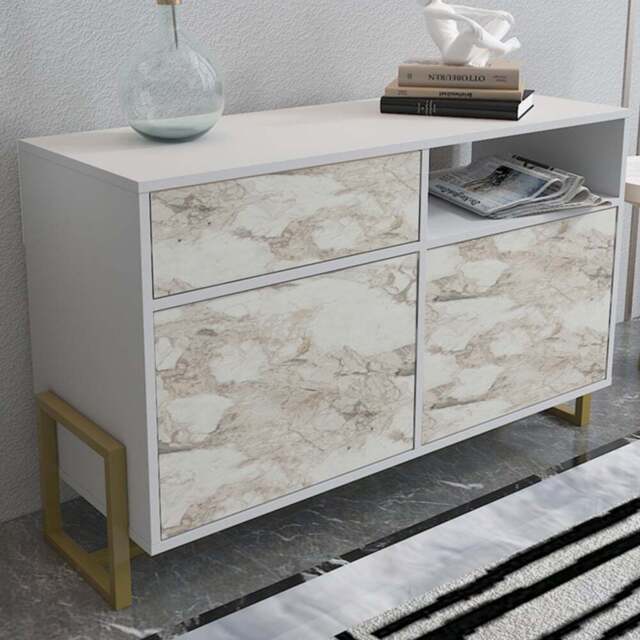 Decorotika Utopie 3 Door Singe Shelf White and White Marble Effect Modern Storage Cabinet - Size: 78.4 x 120 x 45cm - Multi - Wilko - image 1