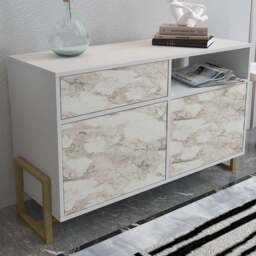 Decorotika Utopie 3 Door Singe Shelf White and White Marble Effect Modern Storage Cabinet - Size: 78.4 x 120 x 45cm - Multi - Wilko