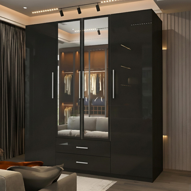Sliding Wardrobes 4U 4 Door 2 Drawer Black High Gloss Hinge Door Wardrobe 160cm - Size: 4 Door, 2 Drawer - Wilko - image 1