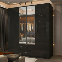 Sliding Wardrobes 4U 4 Door 2 Drawer Black High Gloss Hinge Door Wardrobe 160cm - Size: 4 Door, 2 Drawer - Wilko