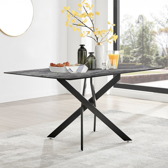 Furniturebox Tavalo 6 Seater Glass Dining Table Marble Effect and Black - Grey - Wilko - image 1