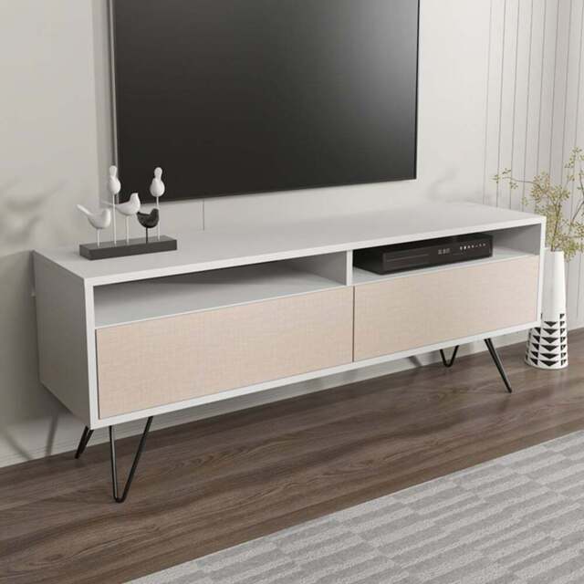 Decorotika Flay 2 Door 2 Shelf White and Beige TV Unit - Size: 53.2 x 140 x 35cm - Multi - Wilko - image 1
