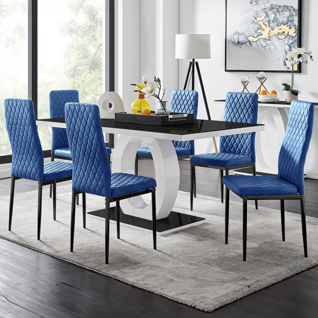 Furniturebox Lucia Valera 6 Seater Dining Set Black Gloss and Navy - Blue - Wilko - image 1