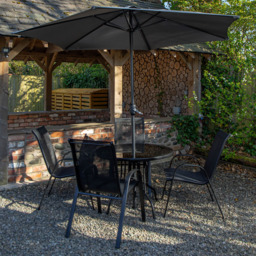 Samuel Alexander 4 Seater Glass Top Stackable Dining Set with Grey Havana Parasol and Base - Black - Wilko