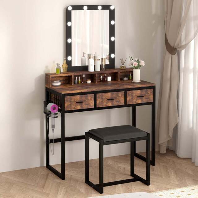 FurnitureHMD 3 Drawer 4 Shelf Rustic Industrial Style LED Light Makeup Vanity with Mirror - Size: 142.5 x 90 x 40cm - n/a - Wilko - image 1
